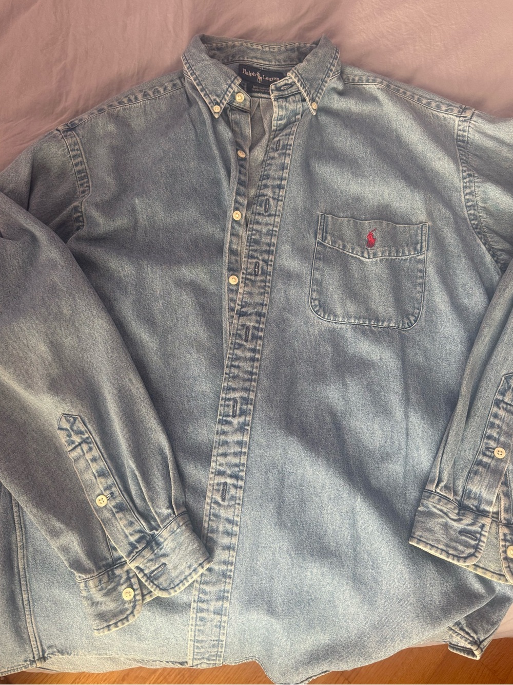 Ralph Lauren Light Blue Denim Button-Down Shirt with Red Pony